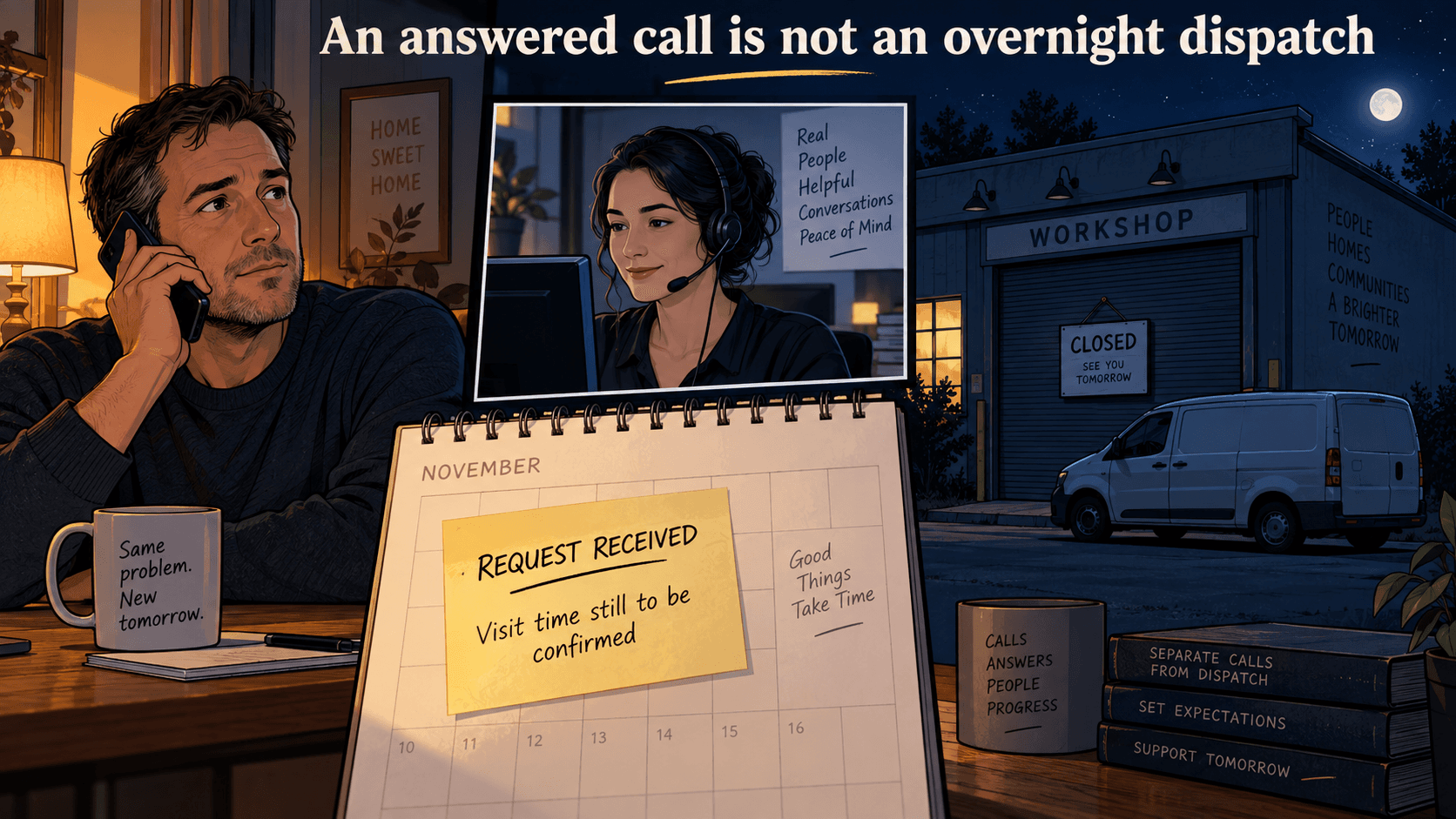 A nighttime caller reaches answering staff while a service van remains parked; the request is received but the visit time is unconfirmed.