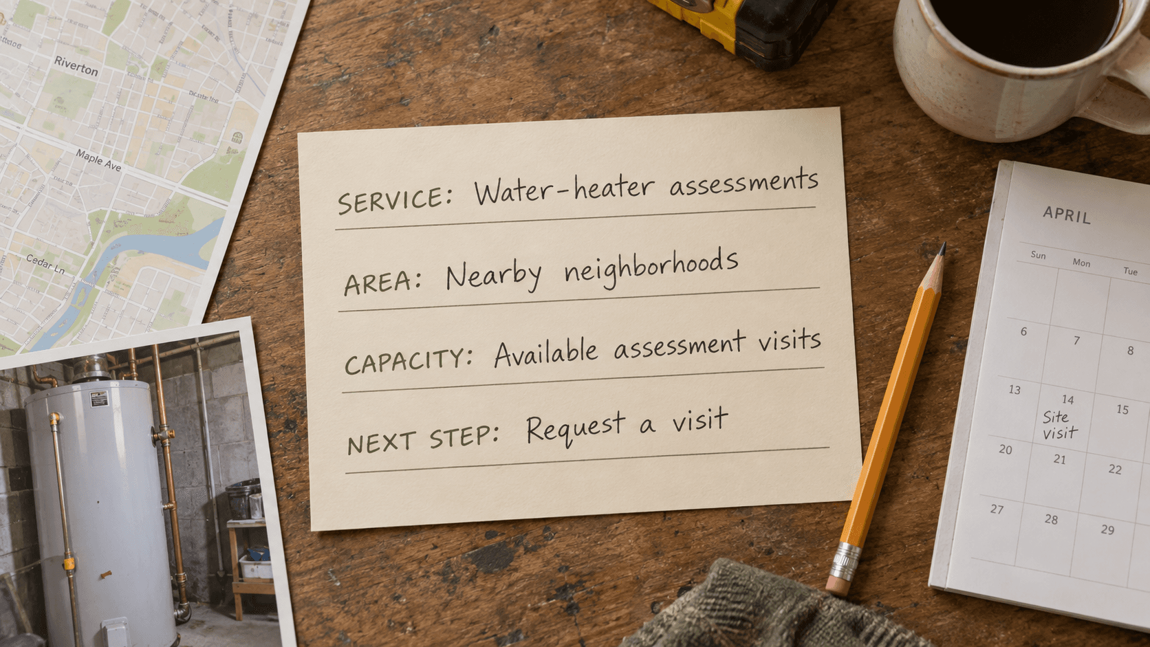 A sample campaign brief specifies water-heater assessments, nearby neighborhoods, available visits, and a request-a-visit next step.