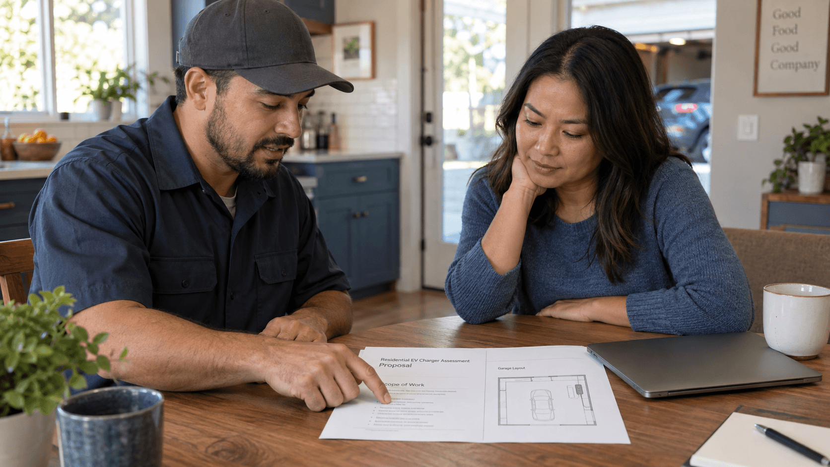 An electrician and homeowner review the scope and garage layout in an EV-charger assessment proposal.