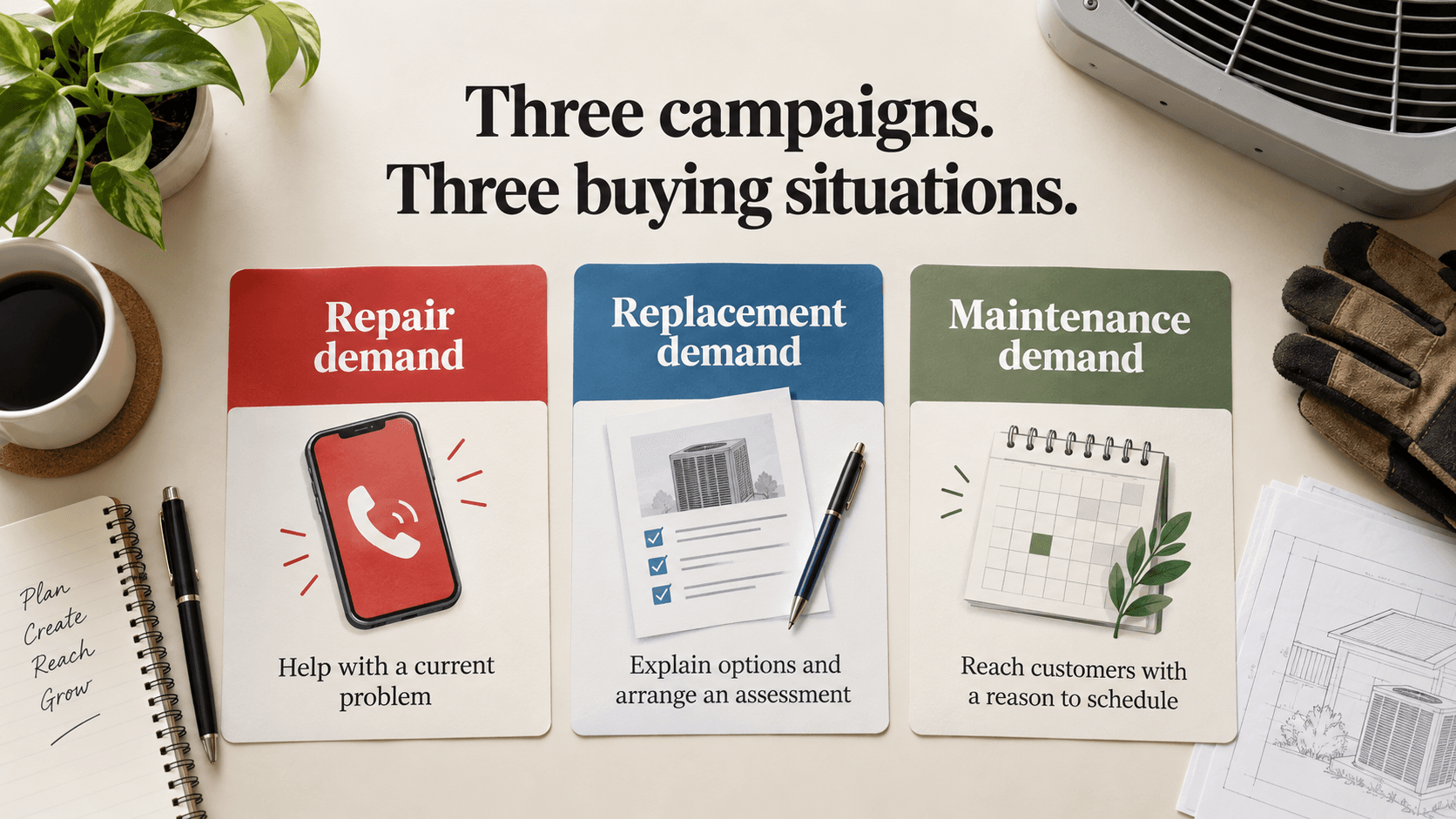 Three HVAC campaign cards separate repair, replacement, and maintenance demand.
