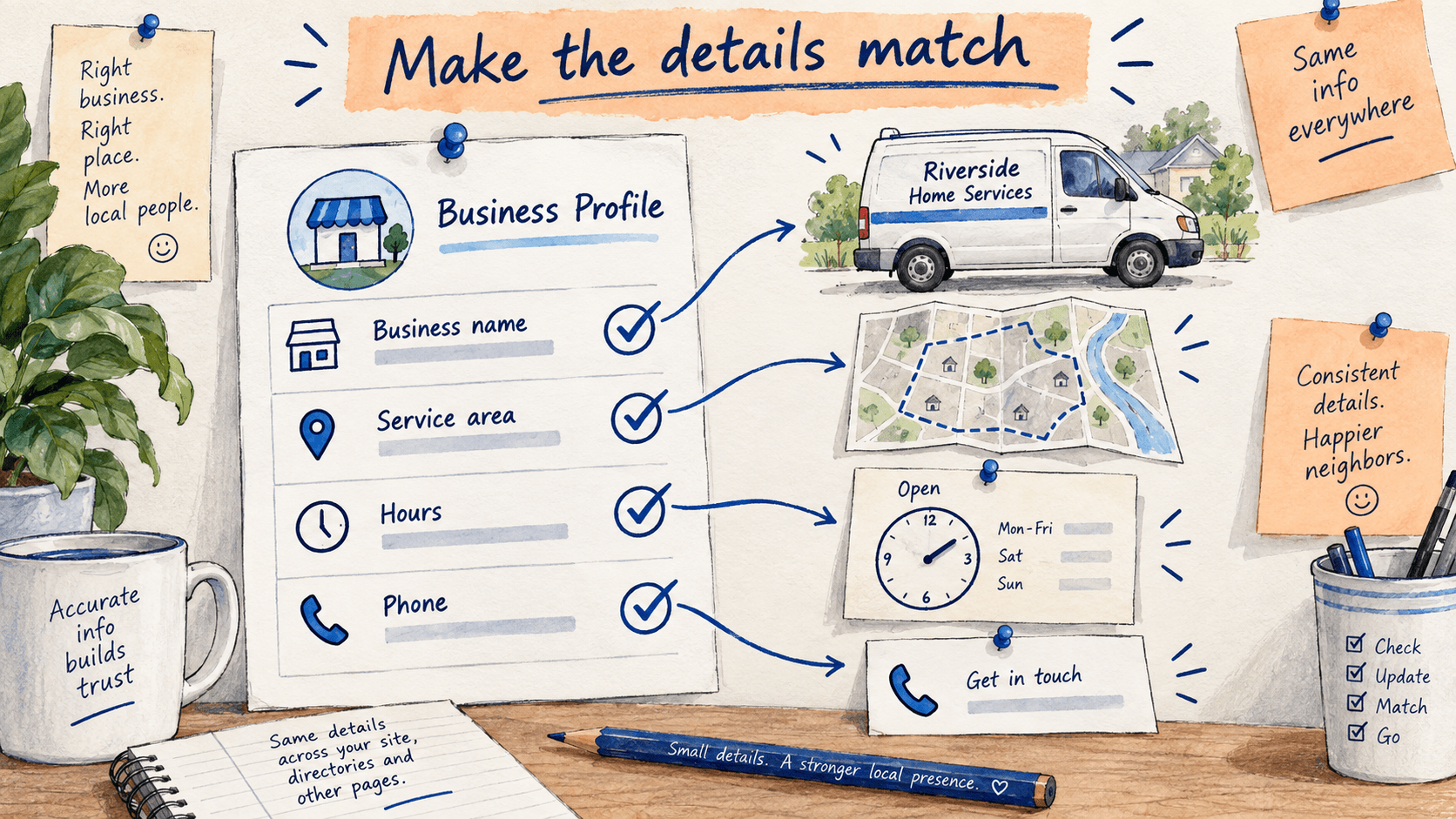 An illustrated local-business profile checklist connects business name, service area, hours, and phone to real business details.