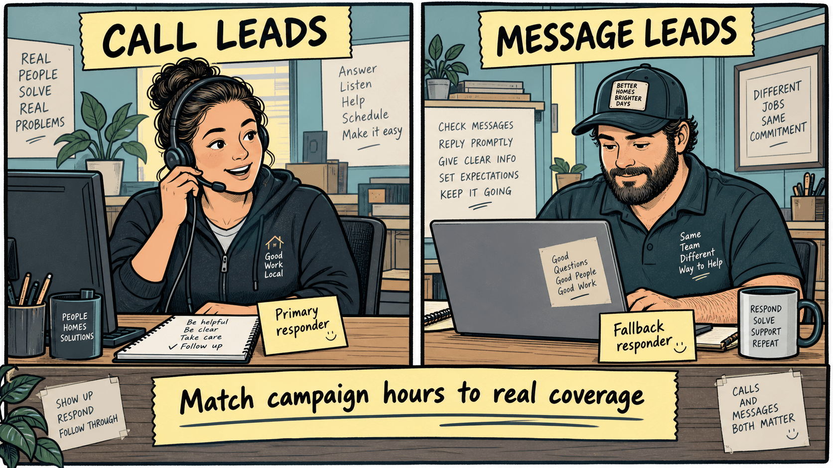 A two-panel illustration gives call leads a primary responder and message leads a fallback responder.
