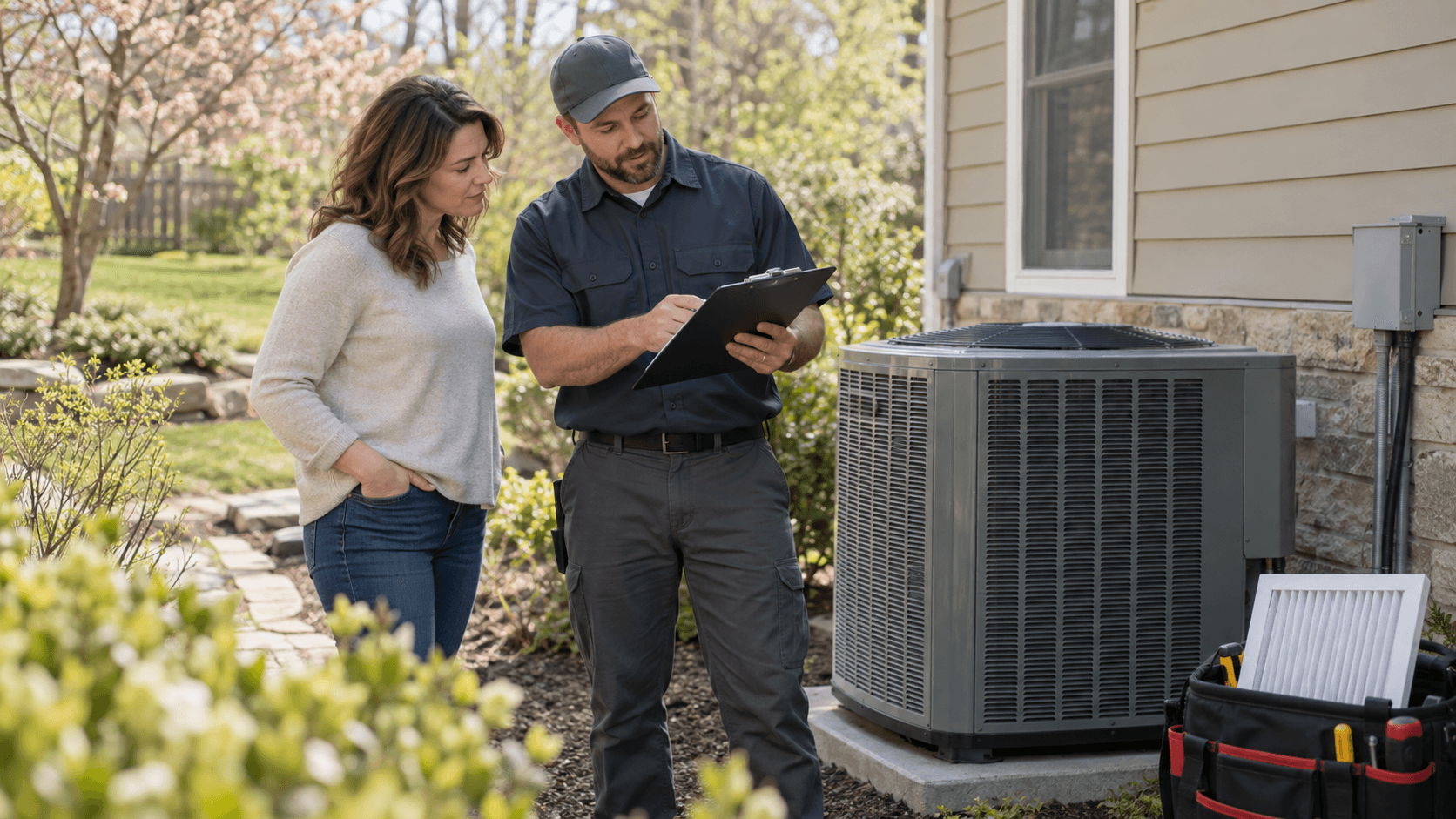 An HVAC technician discusses a maintenance checklist with a homeowner beside an outdoor condenser.