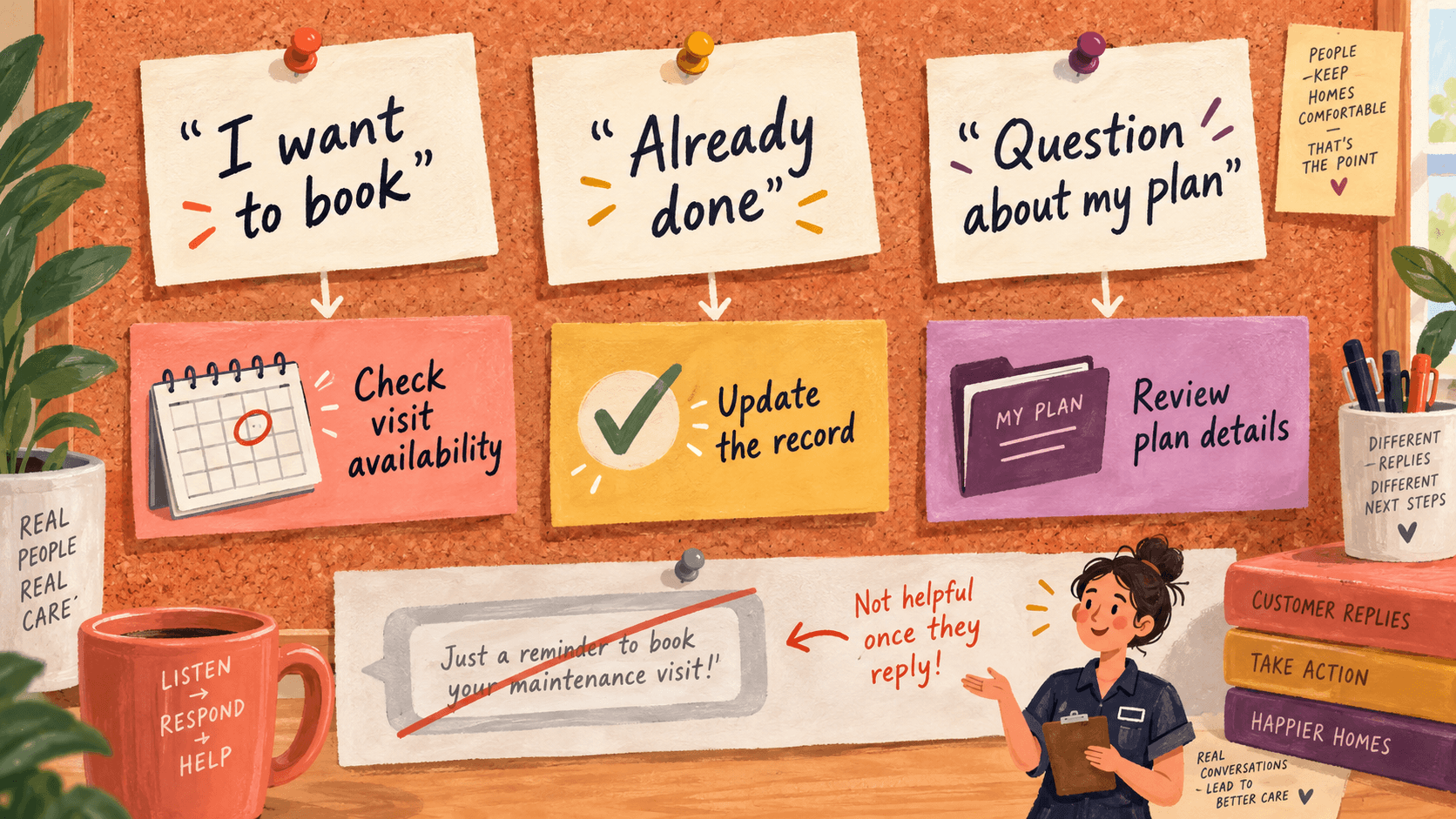 Three maintenance replies lead to different actions: check availability, update an already-completed record, or review plan details.