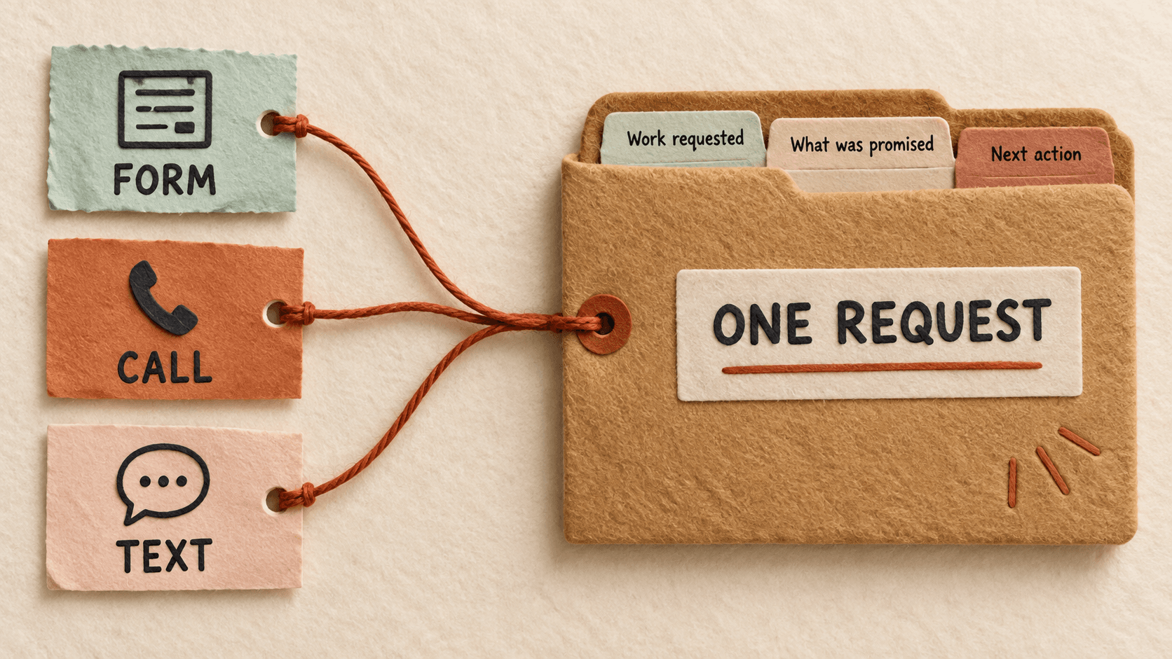 Form, call, and text slips connect to one request folder containing the work, promise, and next action.