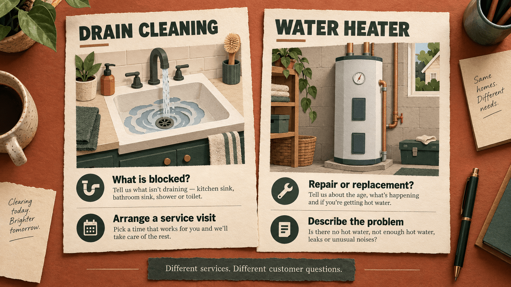 Two illustrated service pages ask different questions about drain cleaning and water-heater problems.