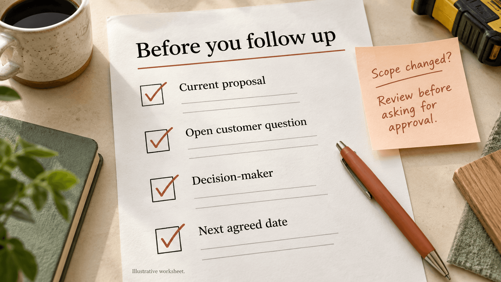 An illustrative proposal worksheet checks the current proposal, open question, decision-maker, and agreed date.