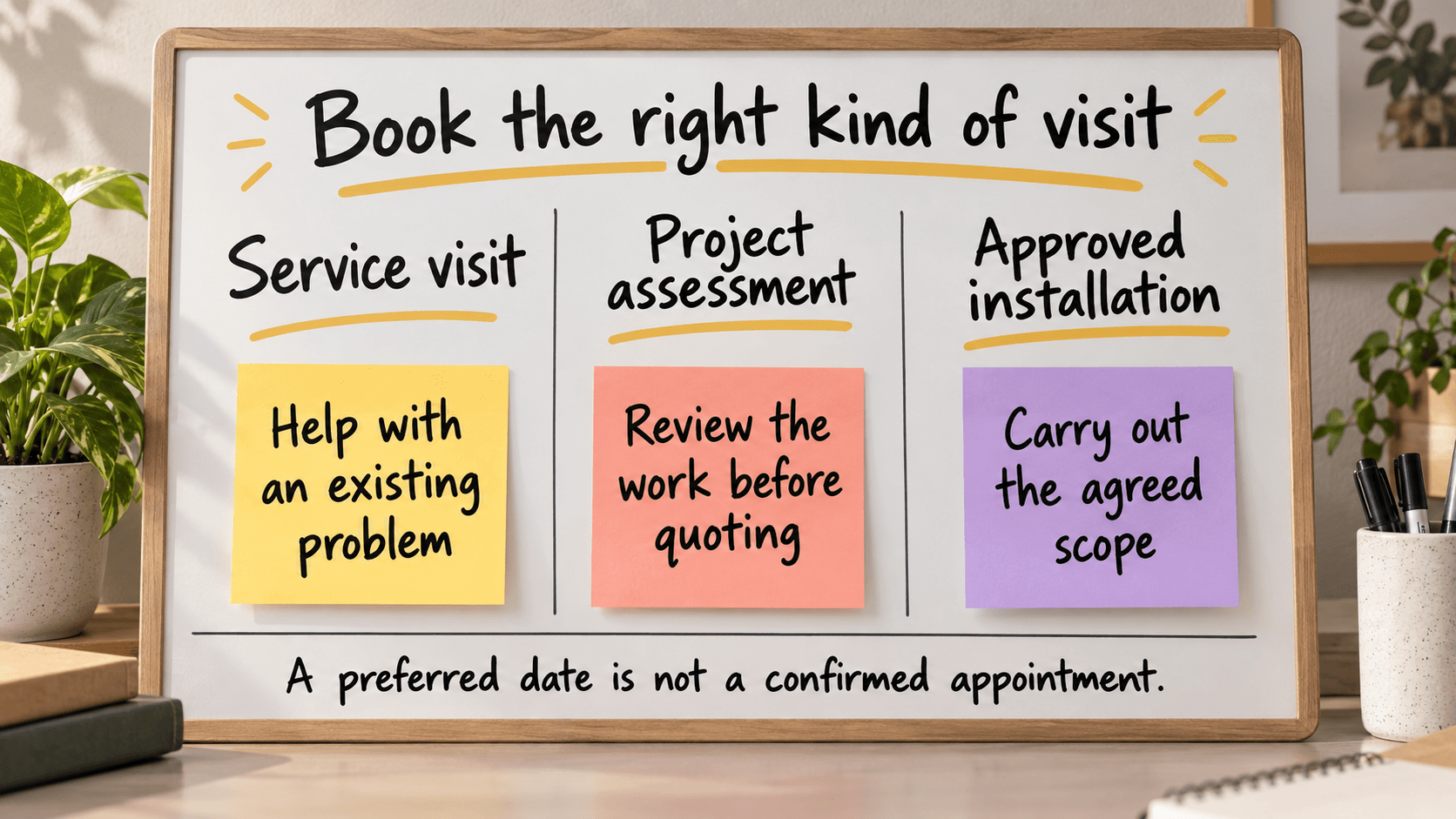 An office board separates service visits, project assessments, and approved installations.